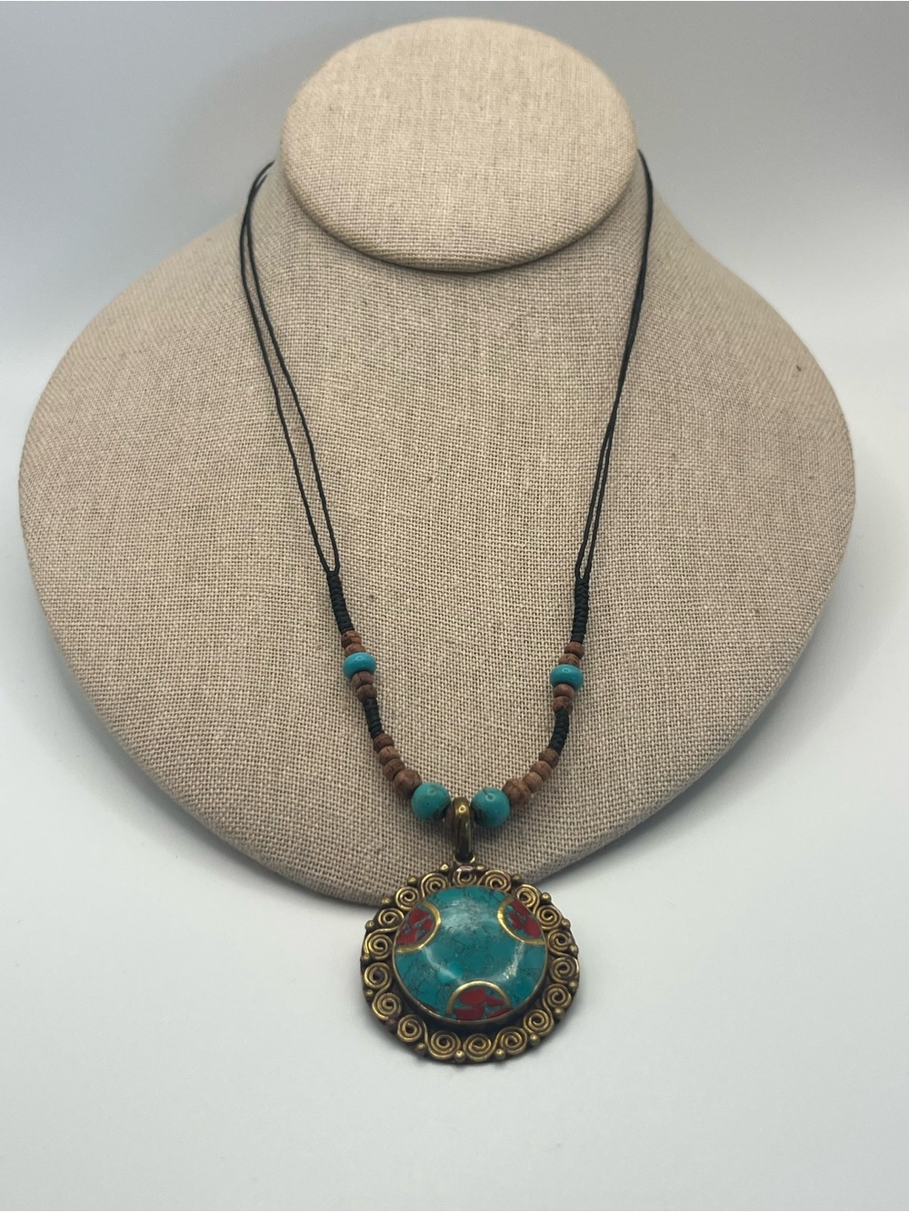 Middle Eastern Style Turquoise Pendant Necklace with Brass Accents